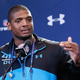 Former Missouri defensive lineman Michael Sam speaks to the media during the 2014 NFL Combine at Lucas Oil Stadium on February 22, 2014, in Indianapolis.
Joe Robbins/Getty Images